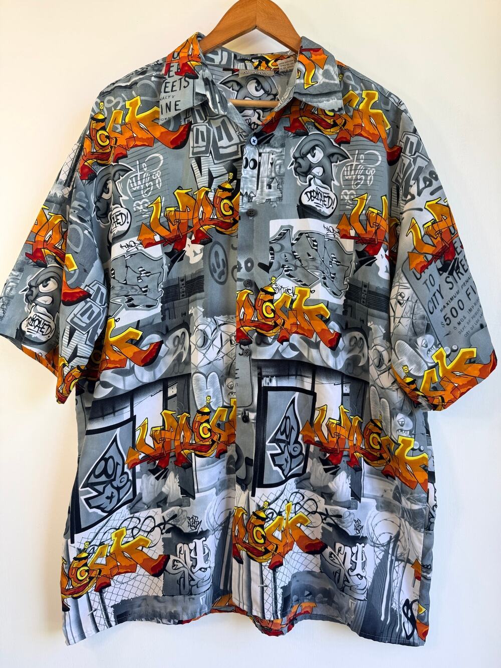 Vintage Up Rock Y2K Graffiti Dog Hawaiian Button Up Shirt Gray Size XL